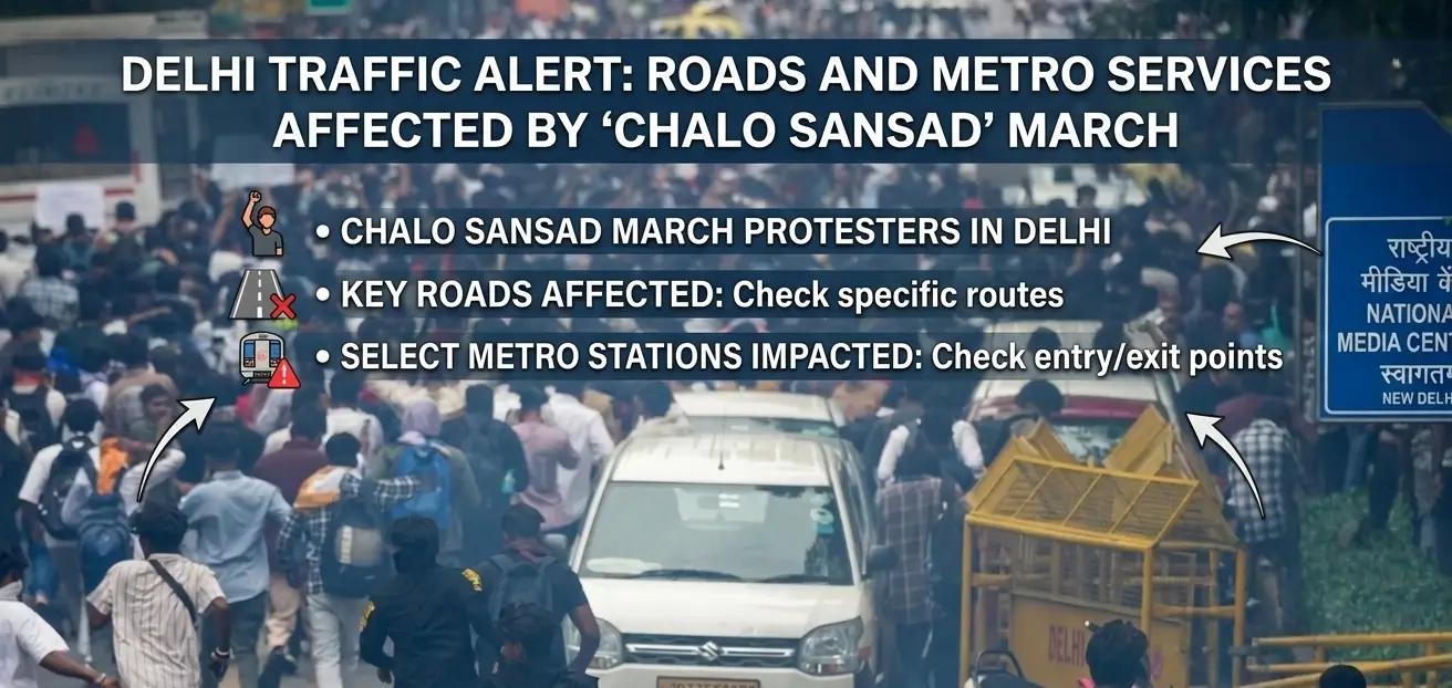 Delhi Traffic Alert_ Roads and Metro Services Affected by ‘Chalo Sansad’ March